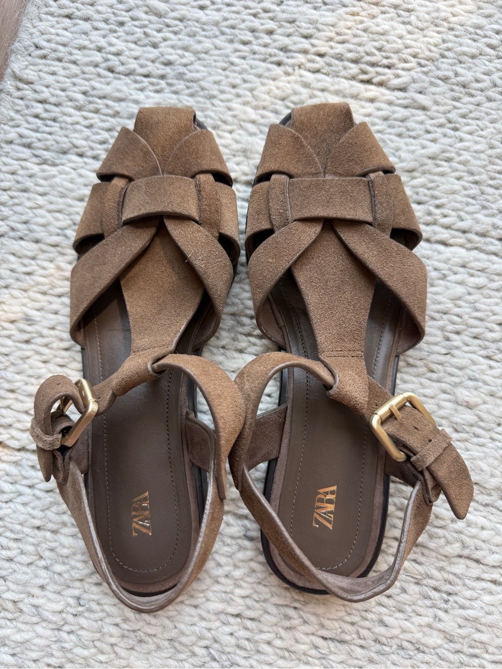 Zara Tan Suede Braided T-Strap Sandals with Buckle